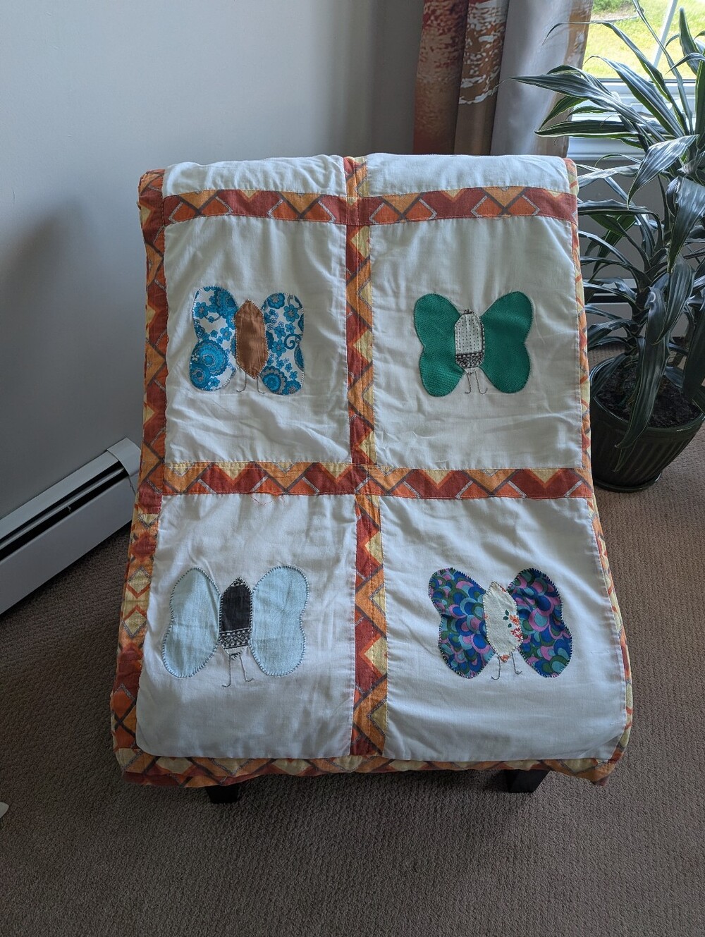 Vintage Handmade Folk Art Butterfly Appliqué Quilt 52" x 78"